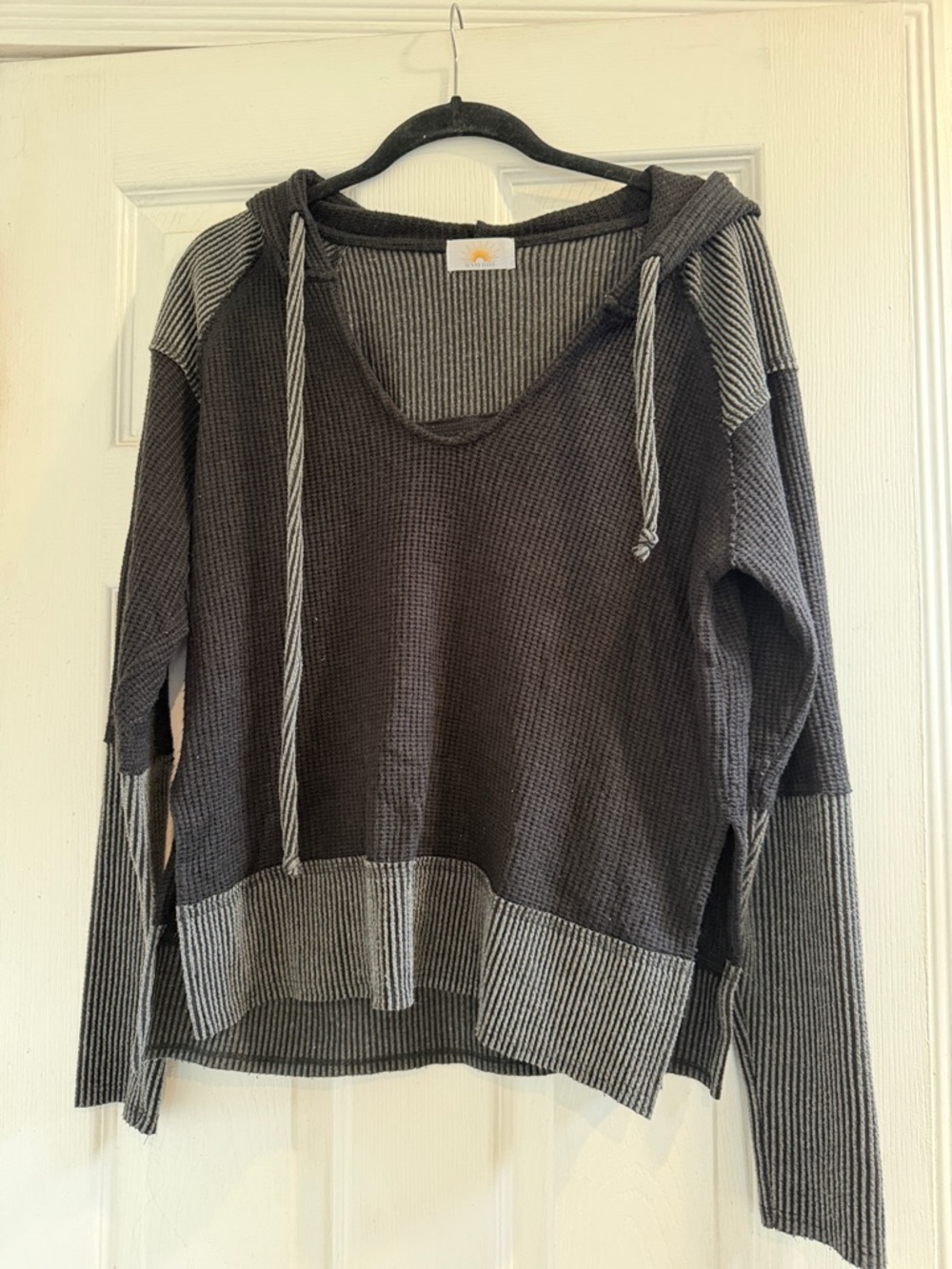 Sunny Days Charcoal Thermal Knit V-neck Hooded Pullover Sweatshirt